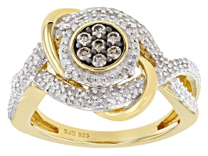 Pre-Owned White And Champagne Diamond 14k Yellow Gold Over Sterling Silver Cluster Ring 0.50ctw
