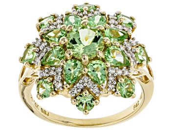 Picture of Pre-Owned Mint Tsavorite Garnet And White Diamond 14k Yellow Gold Cluster Ring 2.80ctw