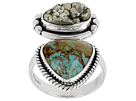 Pre-Owned  Turquoise in Matrix And Pyrite Sterling Silver Ring