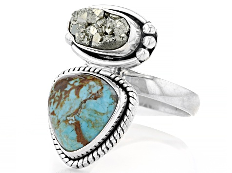 Pre-Owned  Turquoise in Matrix And Pyrite Sterling Silver Ring