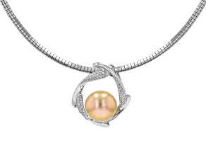 Pre-Owned Golden Cultured South Sea Pearl & White Zircon Rhodium Over Silver Pendant With Omega