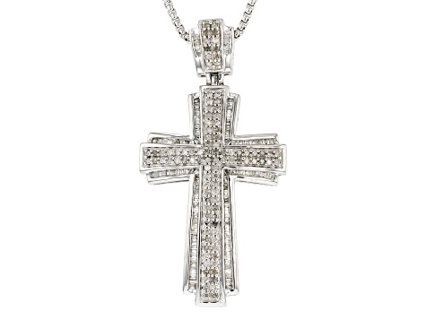 Pre-Owned White Diamond Rhodium Over Sterling Silver Cross Pendant With 22" Round Box Chain 0.95ctw