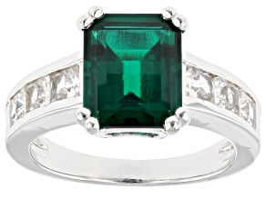 Pre-Owned Lab Created Emerald Rhodium Over Sterling Silver Ring 3.31ctw