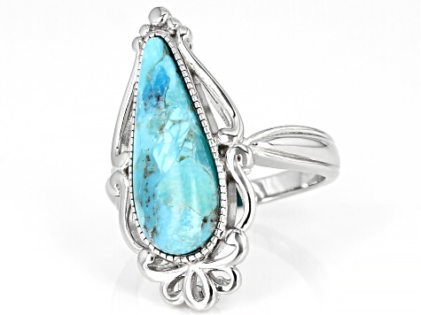 Pre-Owned Blue Turquoise Rhodium Over Sterling Silver Ring