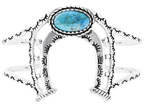 Pre-Owned Turquoise Rhodium Over Sterling Silver Horseshoe Station Bracelet