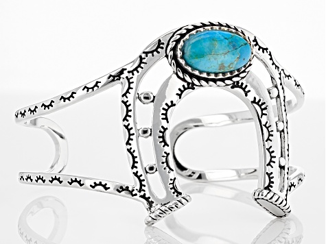 Pre-Owned Turquoise Rhodium Over Sterling Silver Horseshoe Station Bracelet