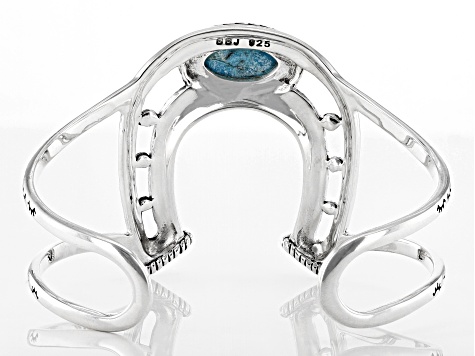Pre-Owned Turquoise Rhodium Over Sterling Silver Horseshoe Station Bracelet