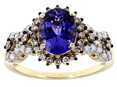Pre-Owned Tanzanite With Champagne And White Diamond 14k Yellow Gold Halo Ring 2.26ctw