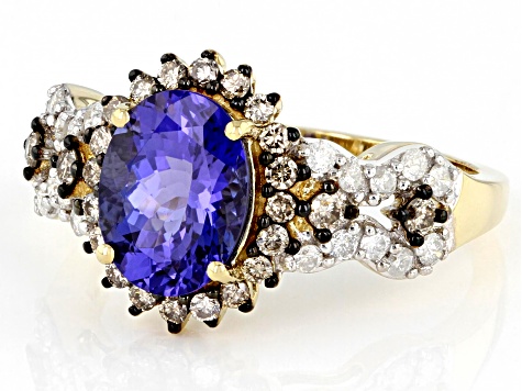 Pre-Owned Tanzanite With Champagne And White Diamond 14k Yellow Gold Halo Ring 2.26ctw