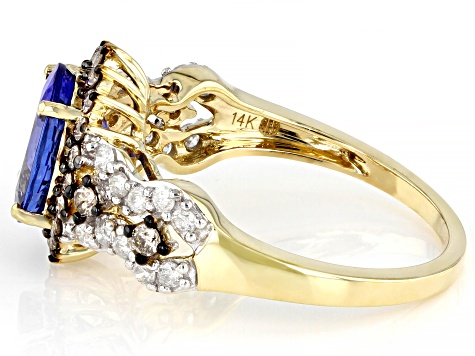 Pre-Owned Tanzanite With Champagne And White Diamond 14k Yellow Gold Halo Ring 2.26ctw