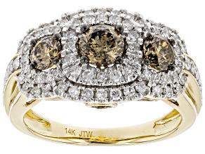 Pre-Owned Champagne And White Diamond 14k Yellow Gold Three-Stone Ring 2.00ctw