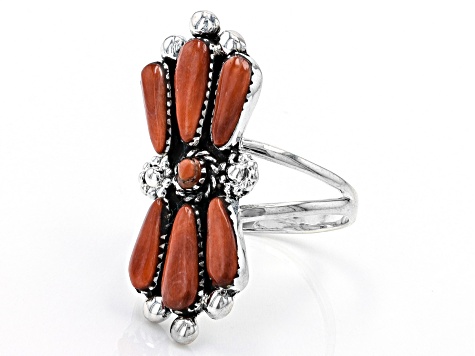 Pre-Owned Red Spiny Oyster Shell Sunburst Sterling Silver Ring