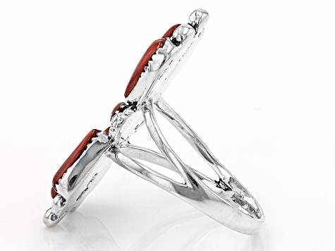 Pre-Owned Red Spiny Oyster Shell Sunburst Sterling Silver Ring