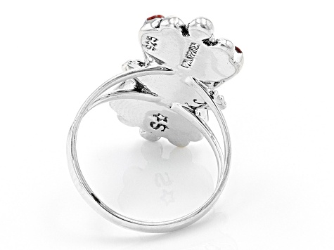 Pre-Owned Red Spiny Oyster Shell Sunburst Sterling Silver Ring