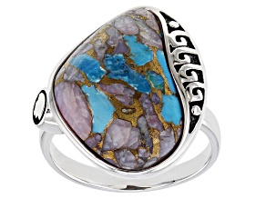Pre-Owned Blended Turquoise and Pink Opal Rhodium Over Silver Ring