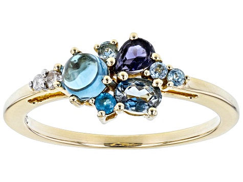 Pre-Owned Blue Topaz, Blue Iolite, Blue Neon Apatite And White Diamond 14k Yellow Gold Cluster Ring