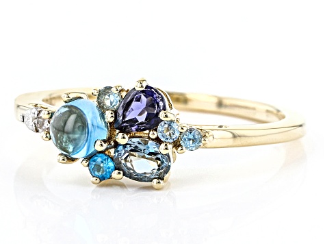Pre-Owned Blue Topaz, Blue Iolite, Blue Neon Apatite And White Diamond 14k Yellow Gold Cluster Ring