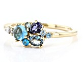 Pre-Owned Blue Topaz, Blue Iolite, Blue Neon Apatite And White Diamond 14k Yellow Gold Cluster Ring
