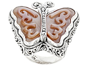 Pre-Owned Pink Carved Mother-of-Pearl Silver Butterfly Ring