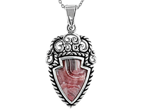 Pre-Owned Rhodochrosite Rhodium Over Silver Arrow Enhancer With Chain 20x15mm