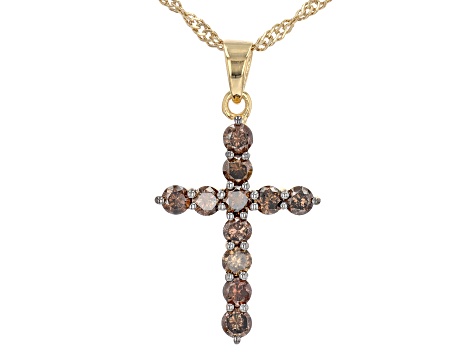 Pre-Owned Champagne Diamond 18k Yellow Gold Over Sterling Silver Cross Pendant 1.00ctw With 18" Chai