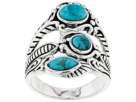 Pre-Owned Blue Turquoise Rhodium Over Sterling Silver 3-Stone Ring