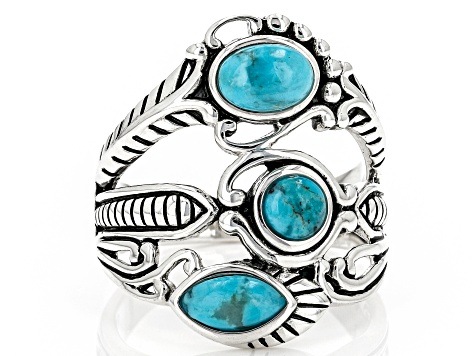 Pre-Owned Blue Turquoise Rhodium Over Sterling Silver 3-Stone Ring