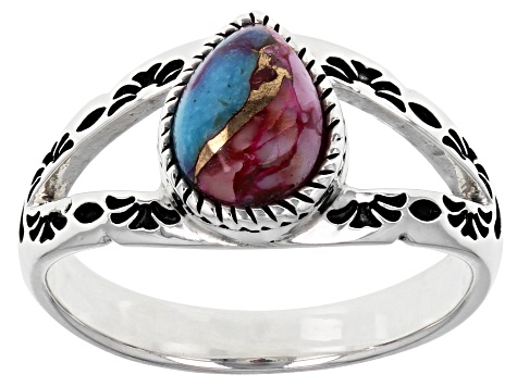 Pre-Owned Pear Purple Spiny Oyster Shell and Turquoise Rhodium Over Silver Ring