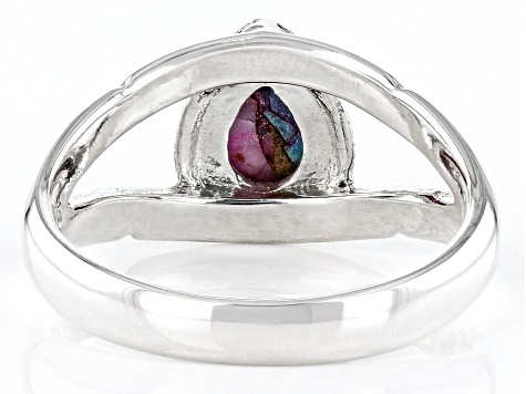 Pre-Owned Pear Purple Spiny Oyster Shell and Turquoise Rhodium Over Silver Ring