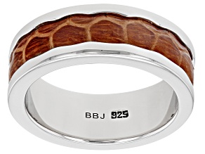Pre-Owned Mens Rhodium Over Silver And Inlaid Brown Leather Band Ring