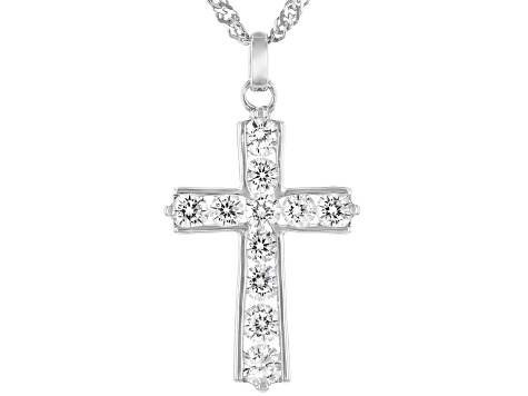 Pre-Owned White Cubic Zirconia Rhodium Over Sterling Silver Cross Pendant With Chain 2.63ctw