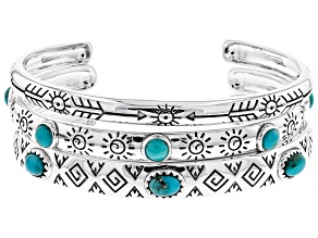 Pre-Owned Turquoise Rhodium Over Silver Cuff Bracelet Set Of Three