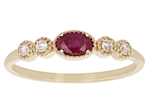 Pre-Owned Red Ruby And White Zircon 10k Yellow Gold Band Ring 0.40ctw