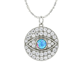 Pre-Owned Lab Created Opal And White Cubic Zirconia Rhodium Over Sterling Silver Pendant With Chain