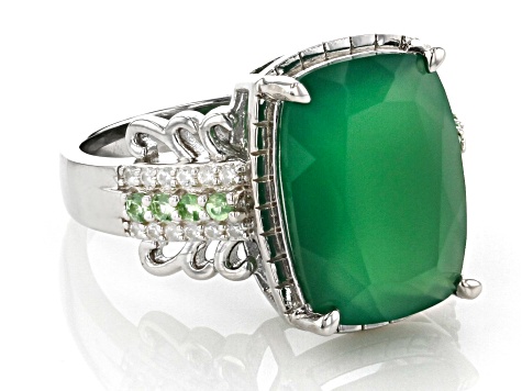 Pre-Owned Green Onyx, Tsavorite, And White Zircon Rhodium Over Sterling Silver Ring 5.78ctw
