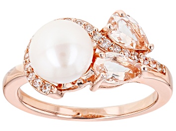 Picture of Pre-Owned White Cultured Freshwater Pearl With Morganite & Zircon 18k Rose Gold Over Silver Ring