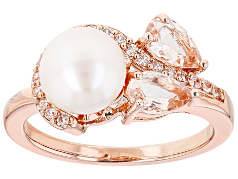 Pre-Owned White Cultured Freshwater Pearl With Morganite & Zircon 18k Rose Gold Over Silver Ring
