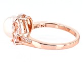 Pre-Owned White Cultured Freshwater Pearl With Morganite & Zircon 18k Rose Gold Over Silver Ring