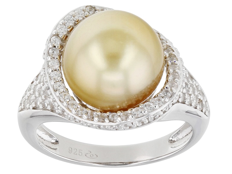 Pre-Owned Golden Cultured South Sea Pearl With White Zircon Rhodium Over Sterling Silver Ring
