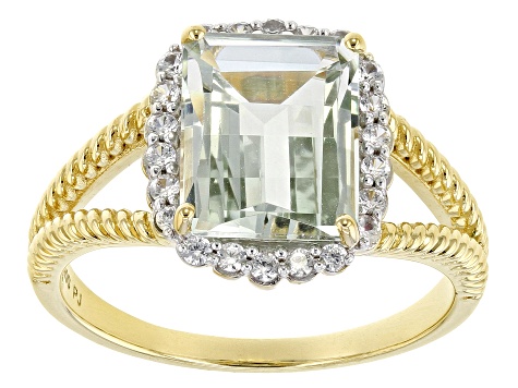Pre-Owned Barrel Prasiolite and White Zircon 18k Yellow Gold Over Silver Ring