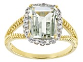 Pre-Owned Barrel Prasiolite and White Zircon 18k Yellow Gold Over Silver Ring