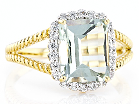 Pre-Owned Barrel Prasiolite and White Zircon 18k Yellow Gold Over Silver Ring