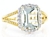 Pre-Owned Barrel Prasiolite and White Zircon 18k Yellow Gold Over Silver Ring