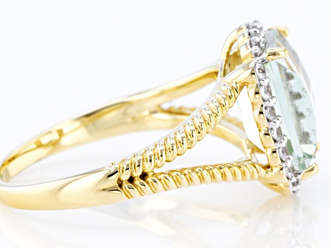 Pre-Owned Barrel Prasiolite and White Zircon 18k Yellow Gold Over Silver Ring