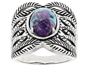 Pre-Owned Blue Blended Turquoise and Charoite Rhodium Over Sterling Silver Ring
