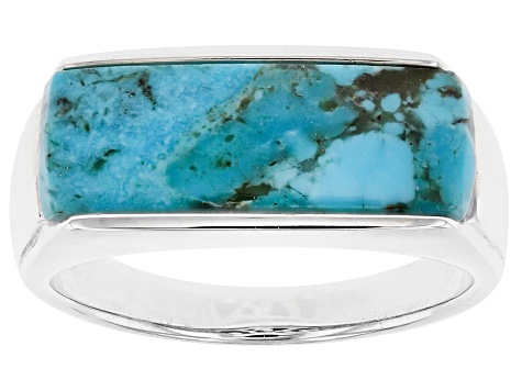 Pre-Owned Turquoise Inlay Rhodium Over Sterling Silver Men's Band Ring