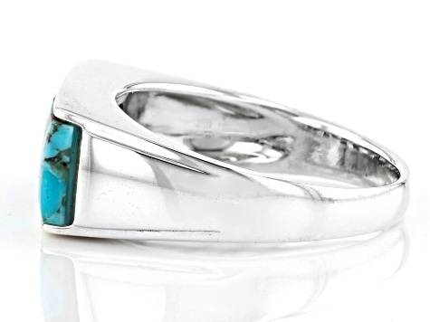 Pre-Owned Turquoise Inlay Rhodium Over Sterling Silver Men's Band Ring
