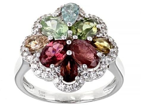Pre-Owned Multicolor Tourmaline Rhodium Over Silver Ring 2.02ctw