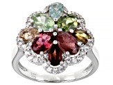 Pre-Owned Multicolor Tourmaline Rhodium Over Silver Ring 2.02ctw