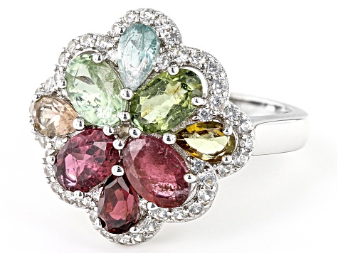 Pre-Owned Multicolor Tourmaline Rhodium Over Silver Ring 2.02ctw